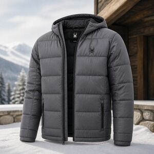 Spyder Men's Charcoal Grey Hooded Puffer Jacket Quilted Activewear